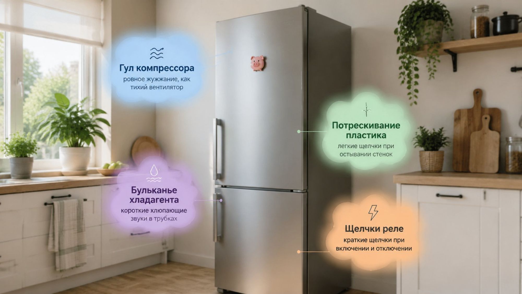 Современная светлая кухня, на переднем плане стоит холодильник в полный рост, вид немного сбоку. Вокруг холодильника в виде мягких полупрозрачных «облачков» нарисованы разные
