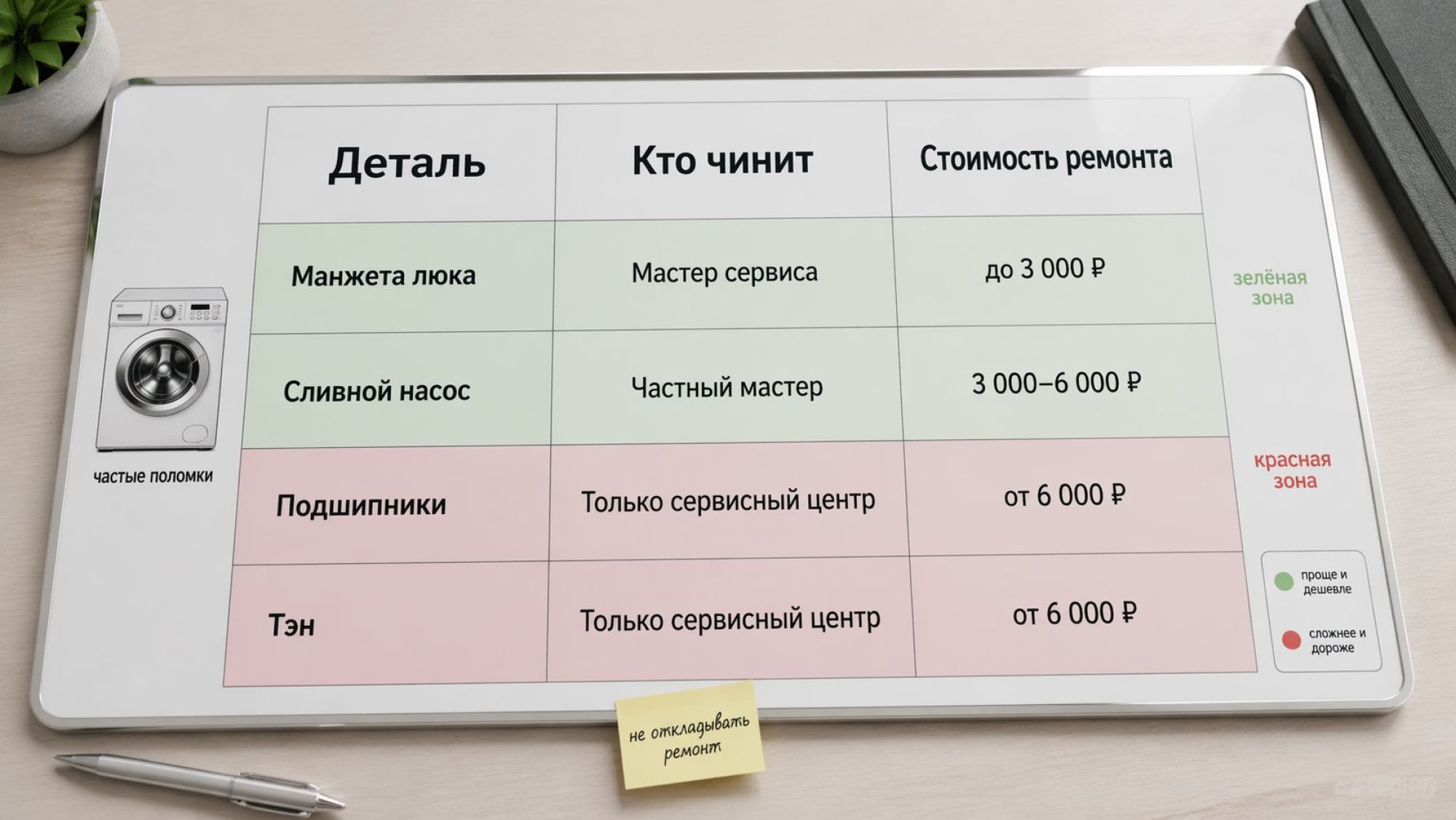 Инфографика в виде аккуратной таблицы‑карты по стоимости и сложности ремонта деталей стиральной машины. Фон светлый, современный, в центре горизонтальная таблица из трёх колонок с
