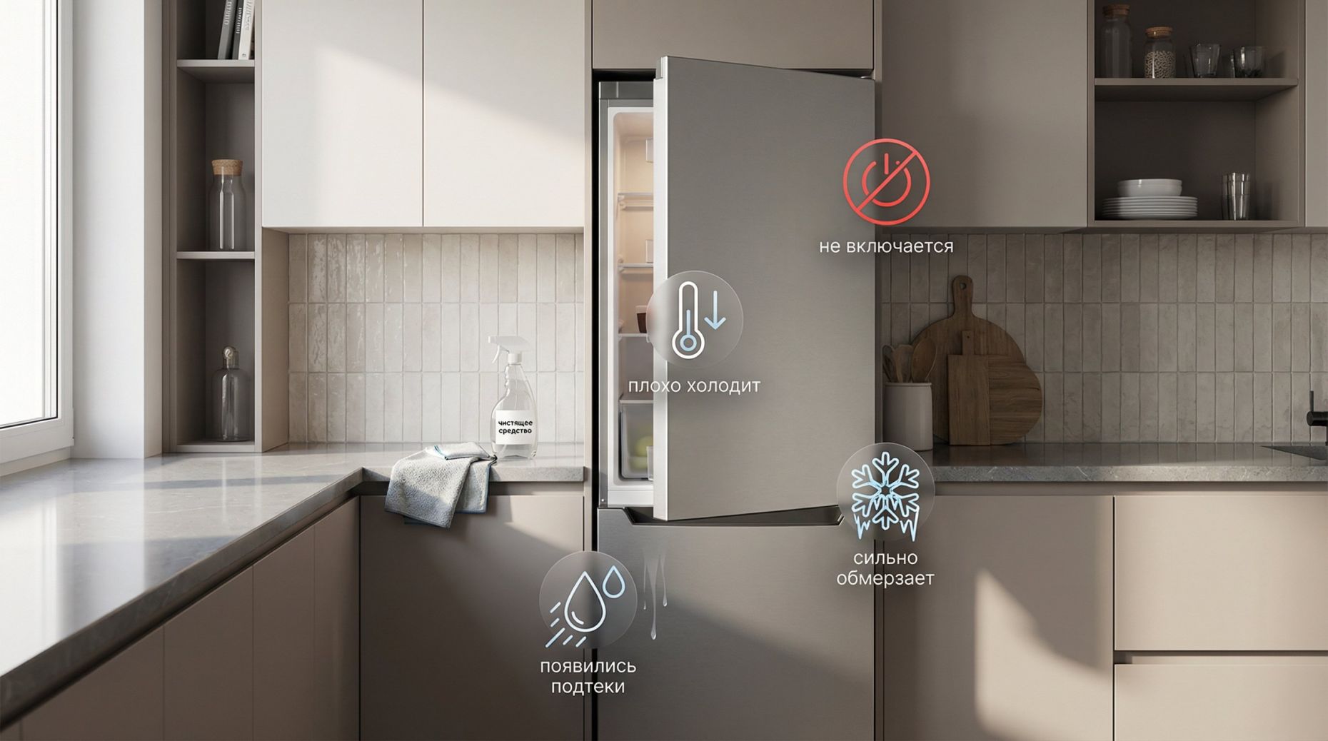 Современная кухня в спокойных нейтральных тонах, в центре — стандартный двухкамерный холодильник, дверца слегка приоткрыта. Рядом на тумбе лежит влажная тряпка и пульверизатор —