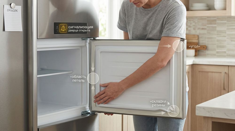 Небольшая современная кухня, в центре композиции — открытая дверца морозильной камеры на уровне пояса. Человек в домашней одежде слегка наклонился и проводит рукой по резиновому