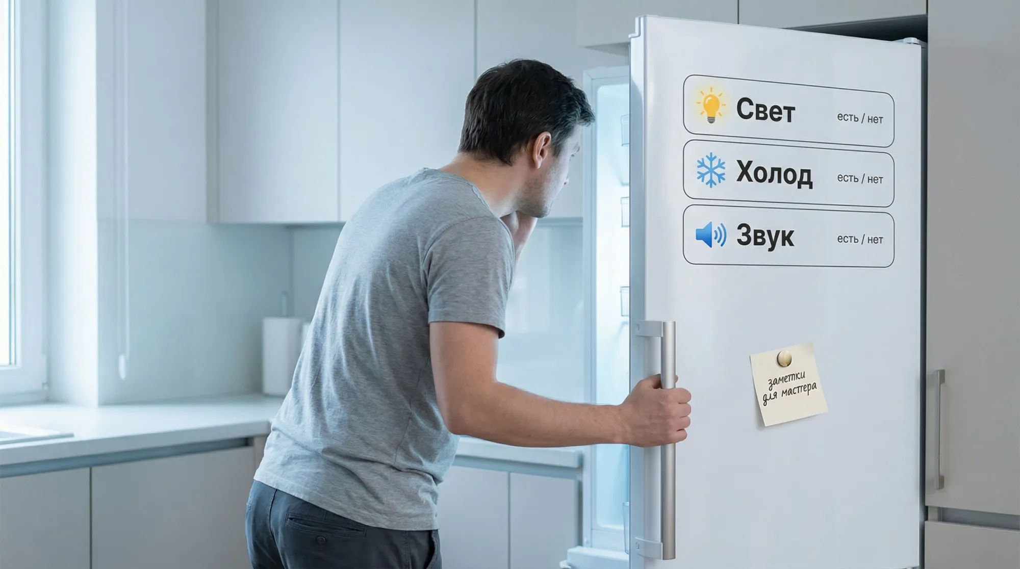 Горизонтальная современная иллюстрация в мягких холодных тонах: на переднем плане человек в домашней одежде полубоком к зрителю стоит у холодильника и внимательно в него