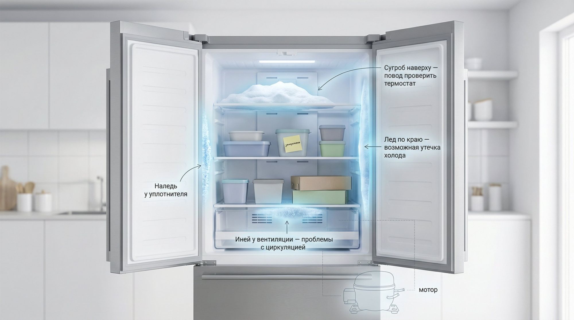 Схематичный фронтальный вид открытой морозильной камеры в современном минималистичном стиле. Внутри несколько явно выделенных зон наледи, каждая аккуратно подсвечена и подписана