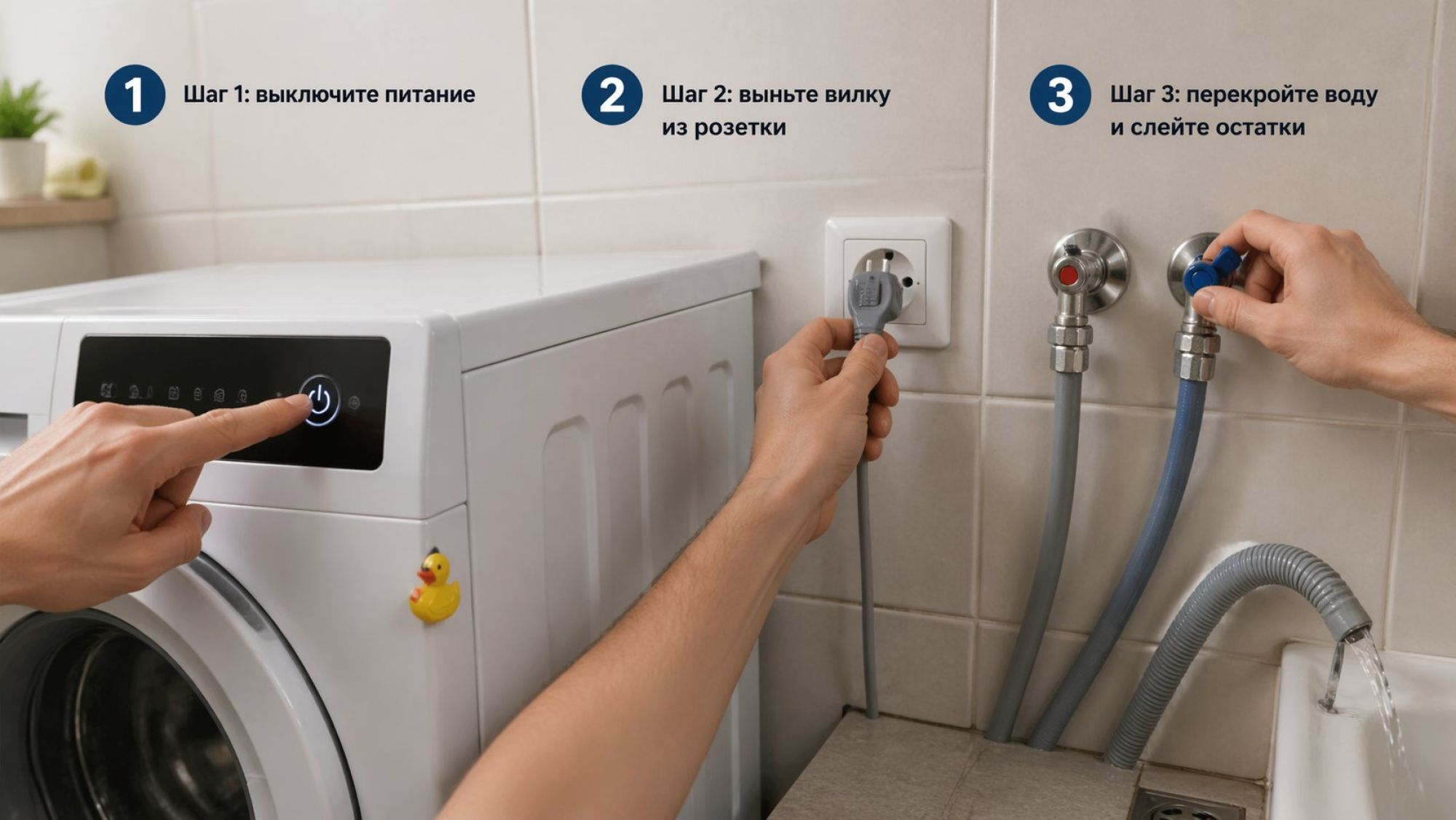 Небольшая современная ванная комната, на переднем плане фронтальная стиральная машина. Сцена разбита визуально на три шага с крупными пронумерованными подписями слева от каждого