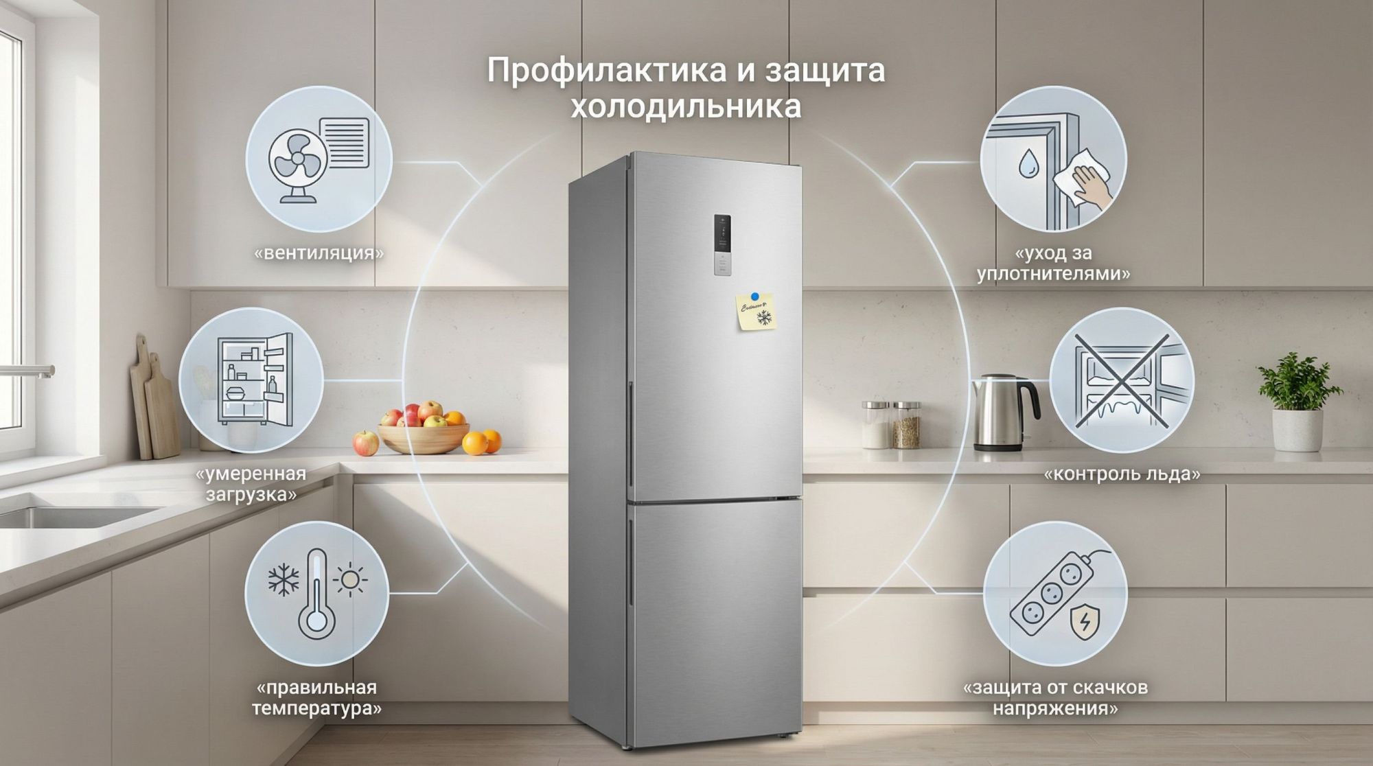 Современная светлая кухня в спокойных тонах. В центре композиции — холодильник в легком изометрическом ракурсе, вокруг него по кругу расположены аккуратные иконки с подписями —