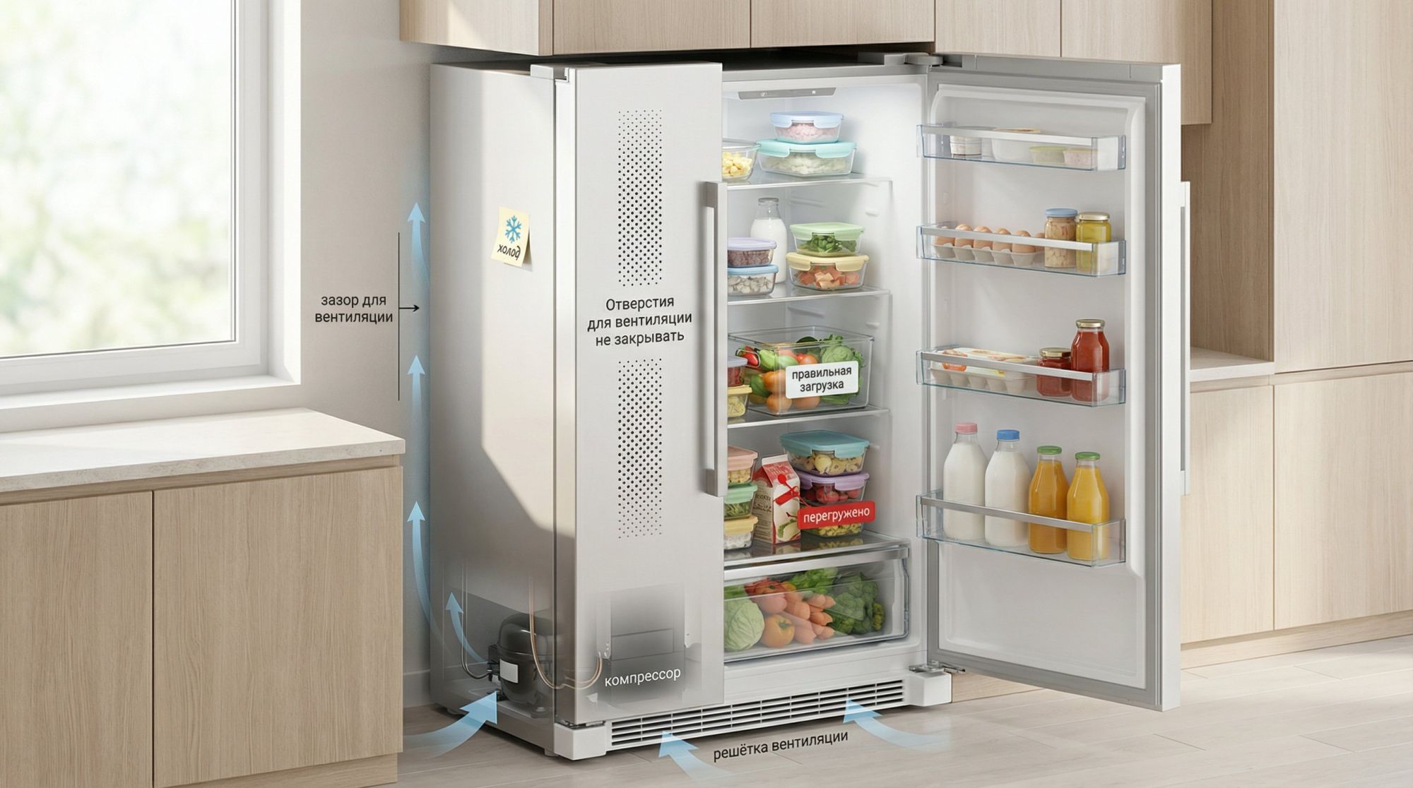 Изометрический разрез современного холодильника в кухонном интерьере, показаны и внутренняя загрузка, и внешняя вентиляция. Справа основной крупный объект — открытая холодильная