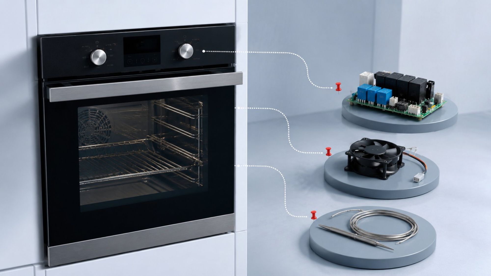 Коды P-4 и F-16: к каким подсистемам их относит документация Gorenje Чистая flat UI иллюстрация на светлом холодном фоне: встроенный духовой шкаф без логотипов, рядом аккуратно разложены три условных узла — плата реле, вентилятор и датчик — в