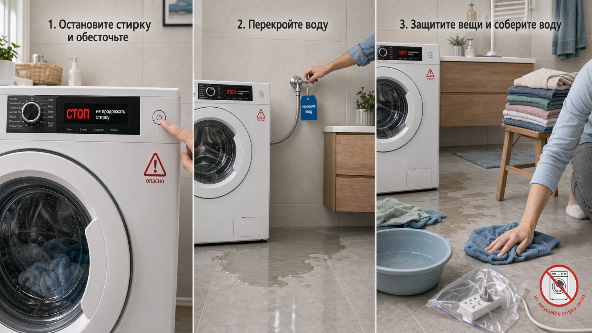 Современная ванная комната в аккуратном минималистичном стиле. В центре — фронтальная стиральная машина, вокруг нее небольшая лужа воды на полу. Композиция построена как наглядная