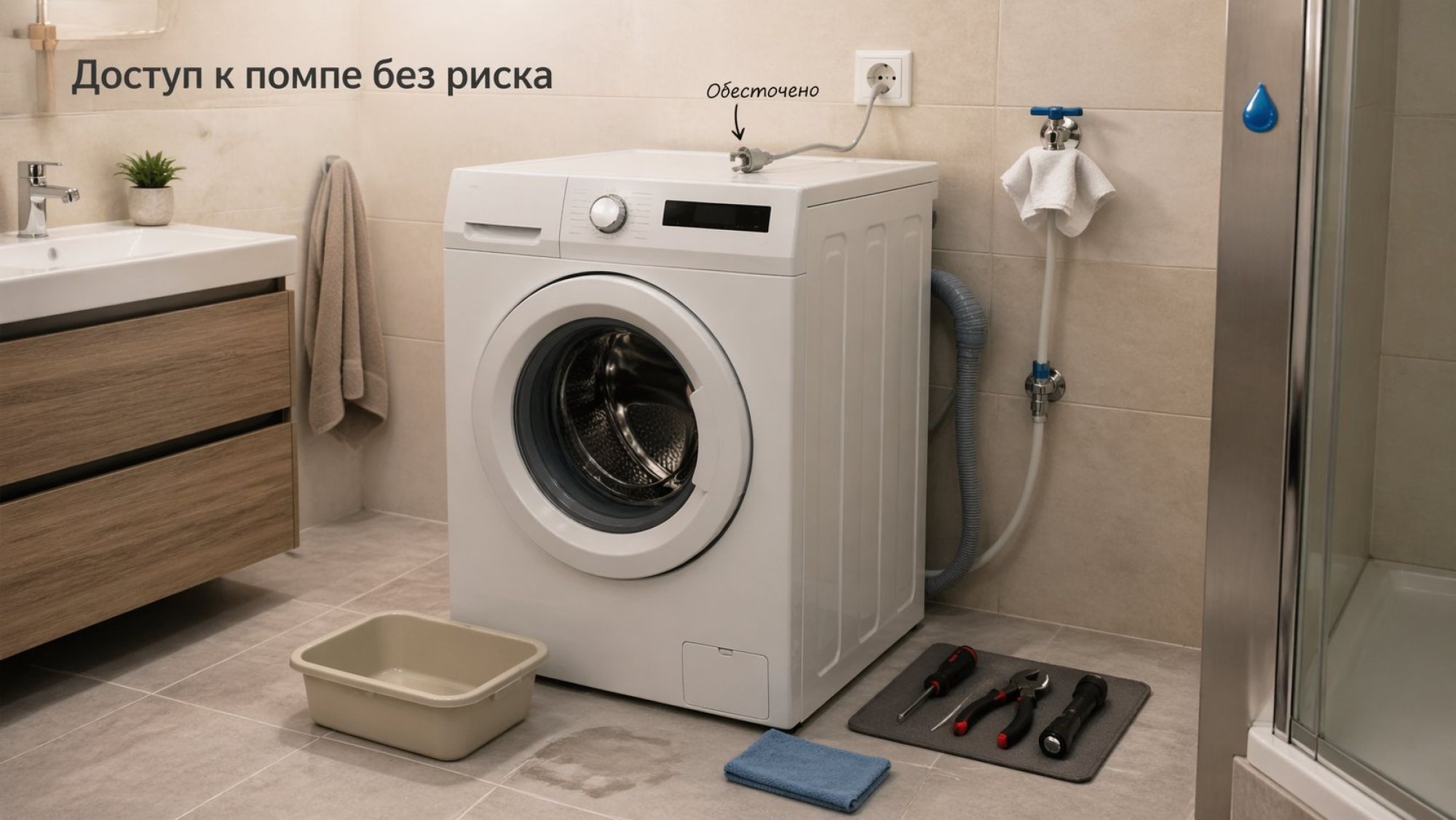 Современная стиральная машина в небольшом санузле, показана в перспективе почти на весь кадр. Слева вверху крупный неброский заголовок: «Доступ к помпе без риска». Машина уже