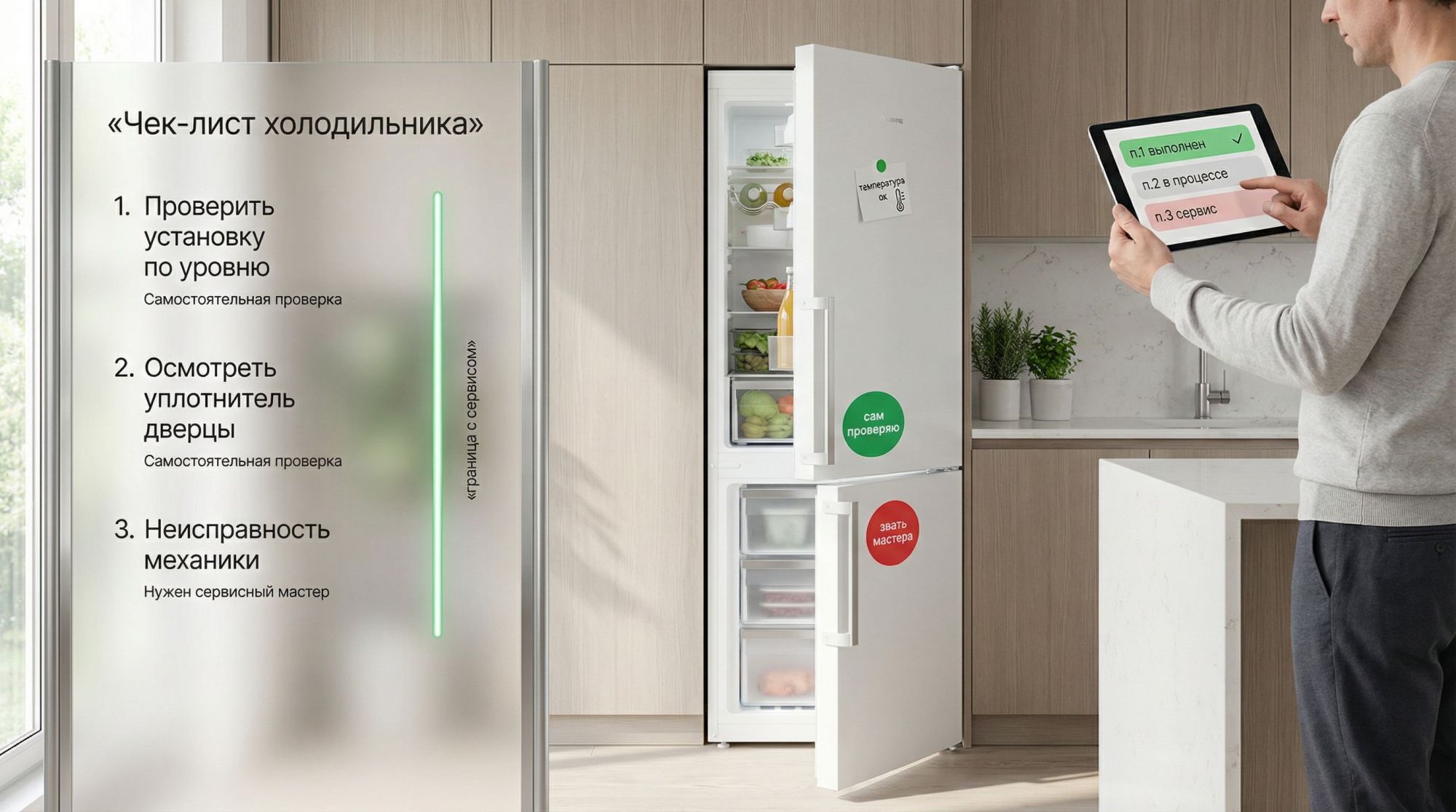 Горизонтальная иллюстрация в современном аккуратном стиле: вид сбоку на холодильник в кухонном интерьере, рядом стоит человек с планшетом и отмечает чек‑лист. Холодильник слегка