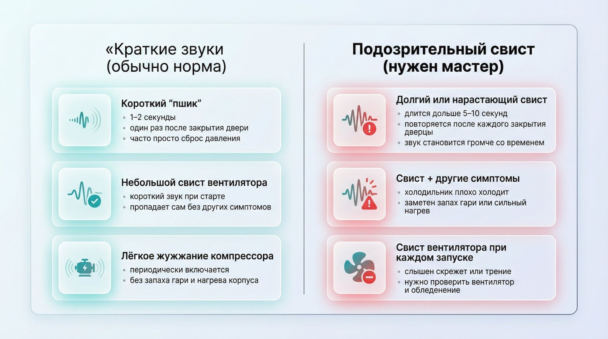 Вертикально разделённая на две половины картинка. Слева колонка «Краткие звуки (обычно норма)» — заголовок крупнее, под ним три мини-блока. Блок 1 с иконкой маленькой звуковой