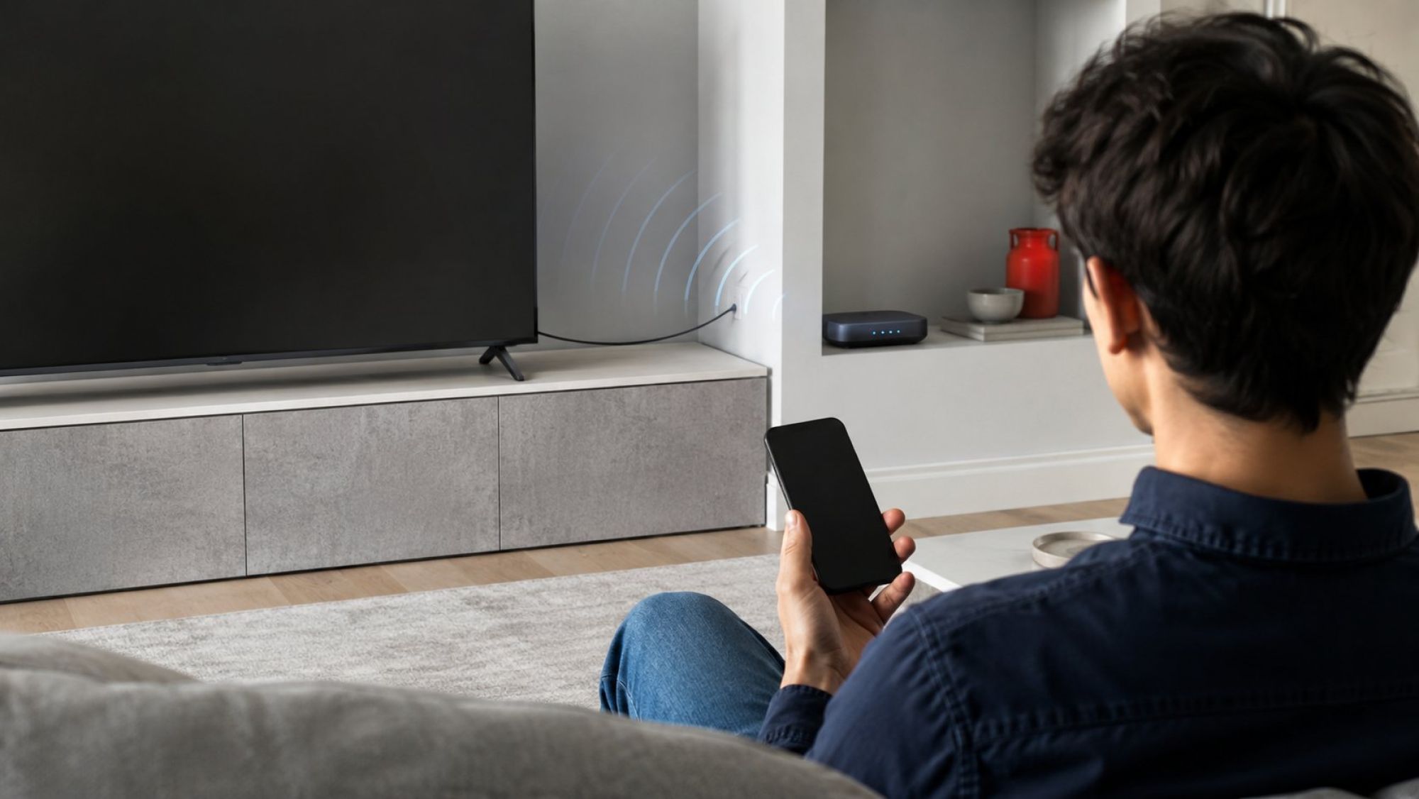 Реалистичная спокойная сцена в светлой гостиной: Smart TV установлен на тумбе у стены, позади него виден аккуратно подключенный Ethernet-кабель без натяжения, рядом на полке стоит