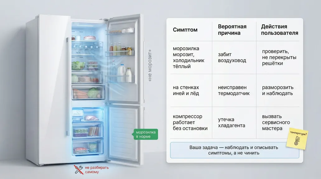 Чистая, условно прозрачная двухкамерная модель холодильника в разрезе, вид сбоку. Справа вертикально изображена крупная таблица «симптом → причина → действия», слева — сам
