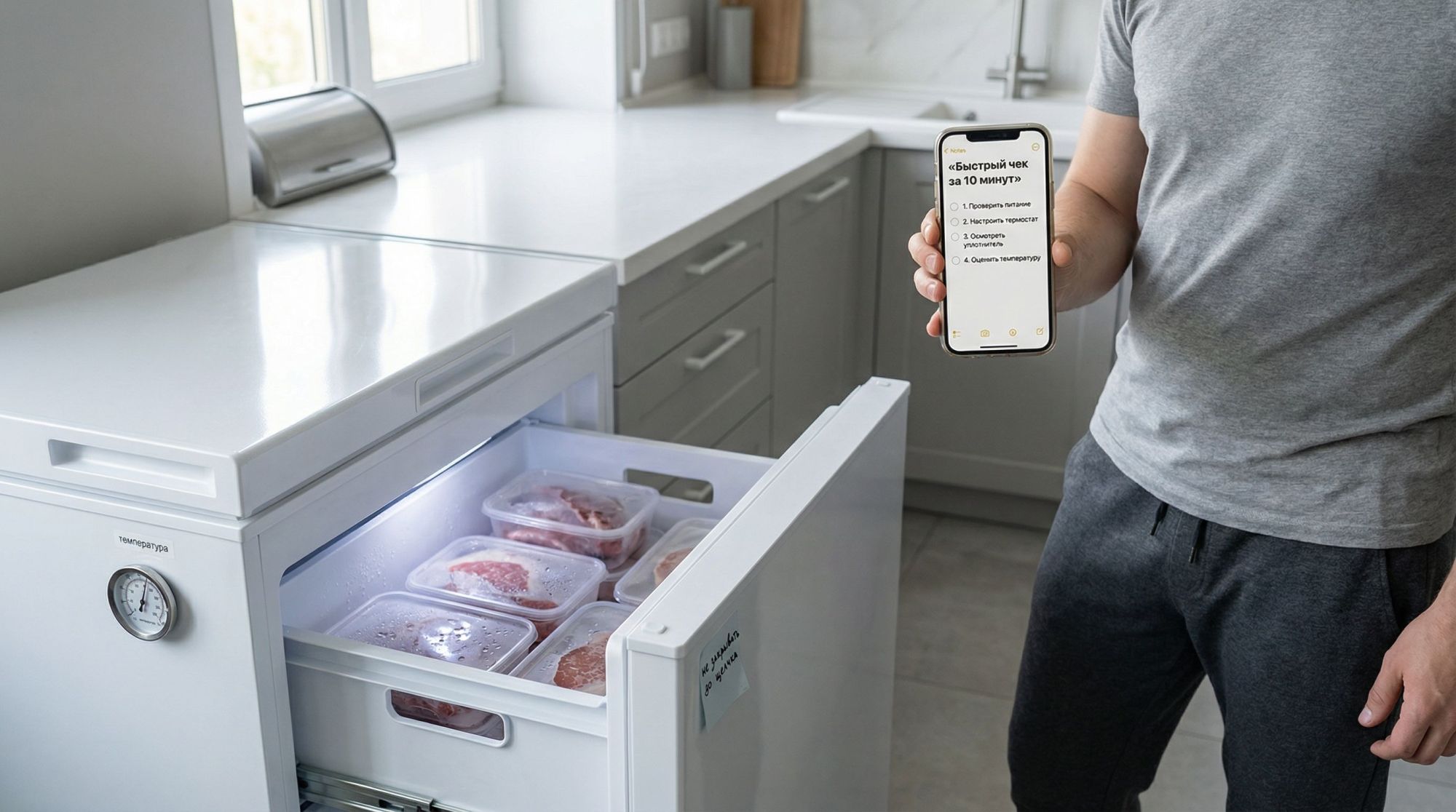Современная кухня в нейтральных тонах, на переднем плане наполовину выдвинута морозильная камера. Хозяин в домашней одежде стоит сбоку с телефоном в руке, на экране телефона