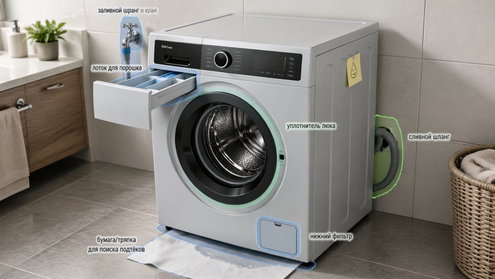 Современная стиральная машина в ванной, вид немного сверху и сбоку. Вокруг неё схематично показаны зоны простых проверок без разборки, каждая выделена мягким полупрозрачным
