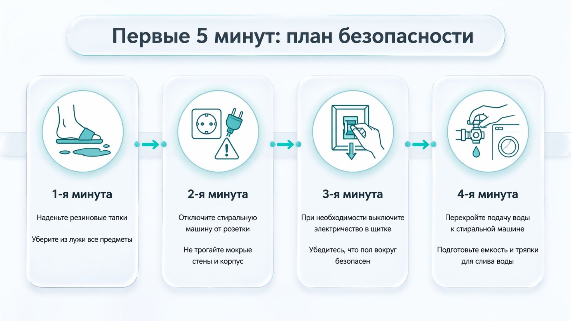Горизонтальная инфографика в четыре шага с крупными круглыми иконками и подписями, сверху общий заголовок «Первые 5 минут: план безопасности». Шаг 1 слева: круглая иконка ноги в