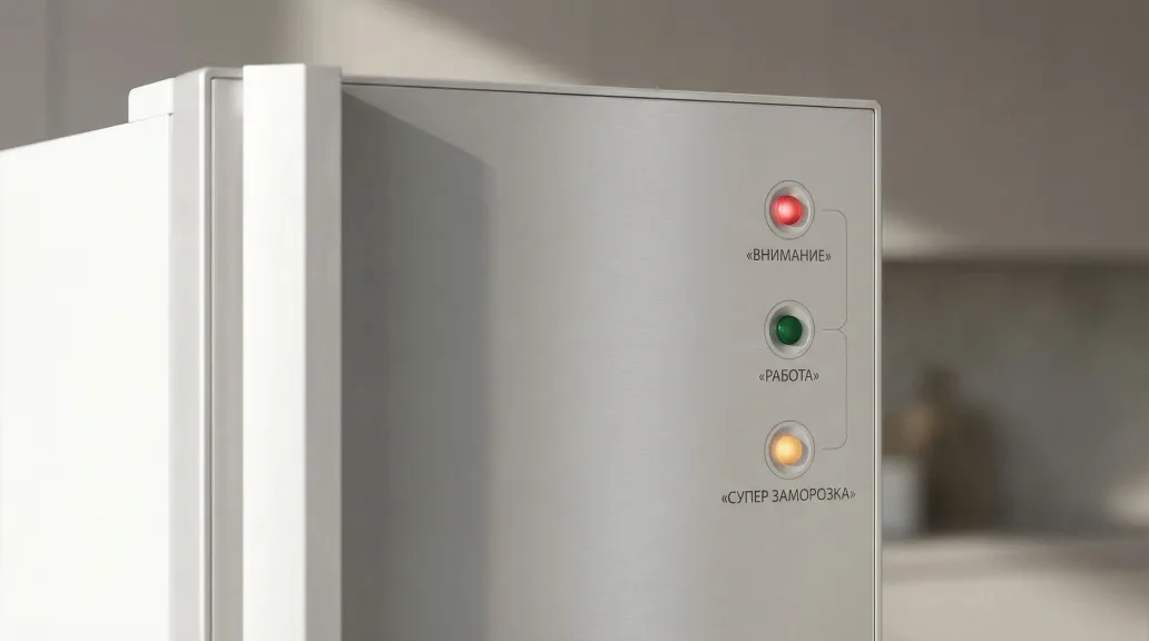 Современная передняя панель морозильной камеры крупным планом, выполненная в аккуратном минималистичном стиле. Слева видна узкая вертикальная часть корпуса морозилки, справа —