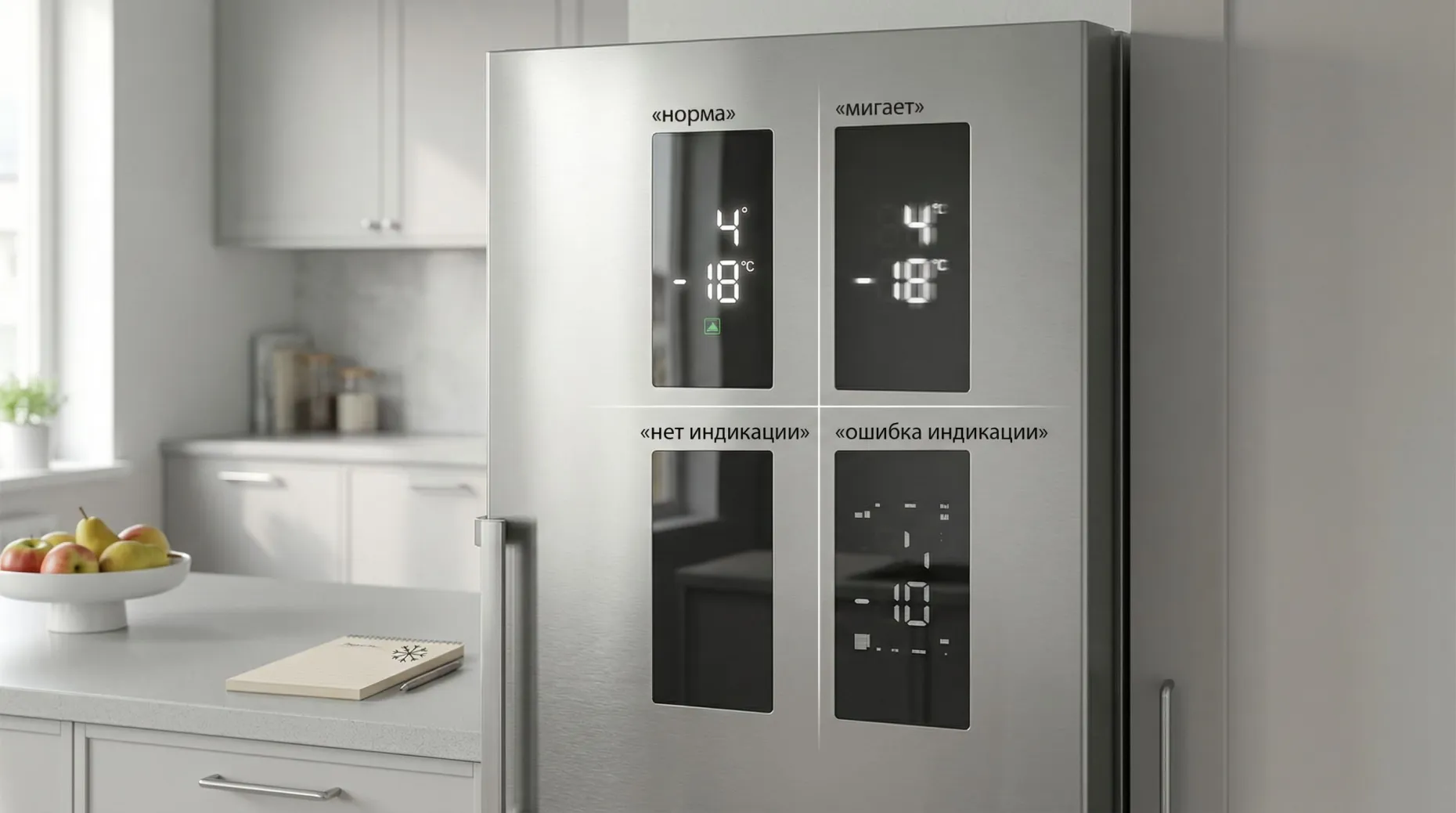 Современная кухня в нейтральных тонах, на переднем плане крупно показан холодильник с вертикальной панелью дисплея на дверце. Экран разделён на несколько зон, каждая показывает