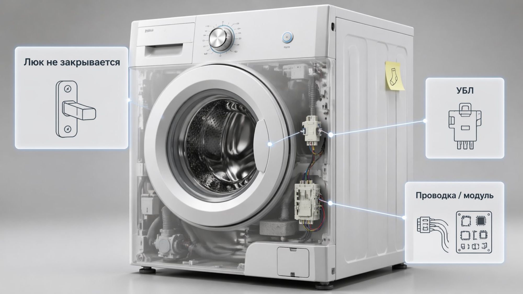 Нейтральная современная иллюстрация в разрезе: на переднем плане стиральная машина в легкой изометрии, крупно показан люк. Вокруг машины — три полупрозрачных всплывающих блока