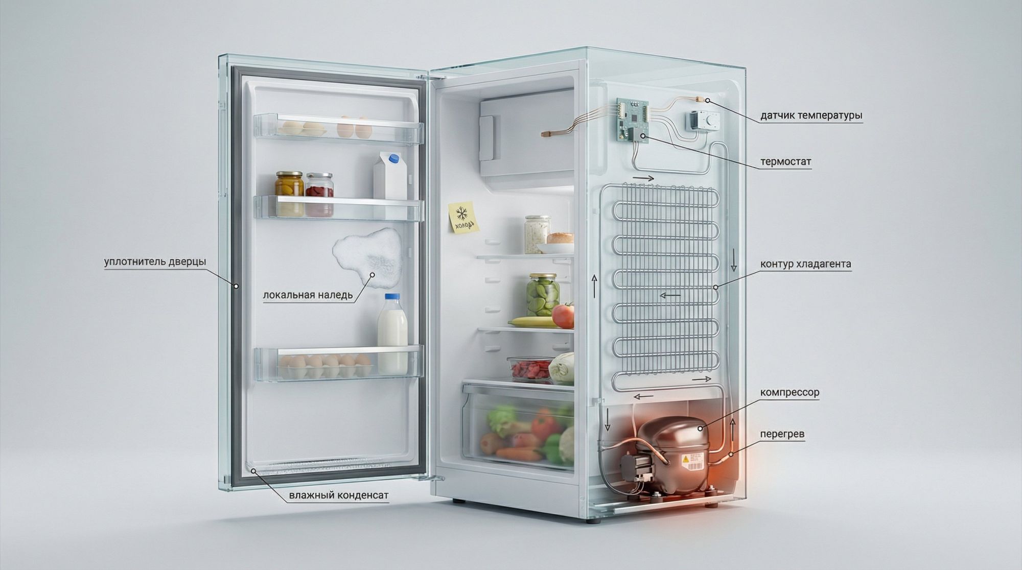 Современный холодильник в разрезе, вид сбоку, в спокойной, немного технической стилистике. Корпус полупрозрачный, чтобы видно было внутренние узлы: сверху или сбоку условно
