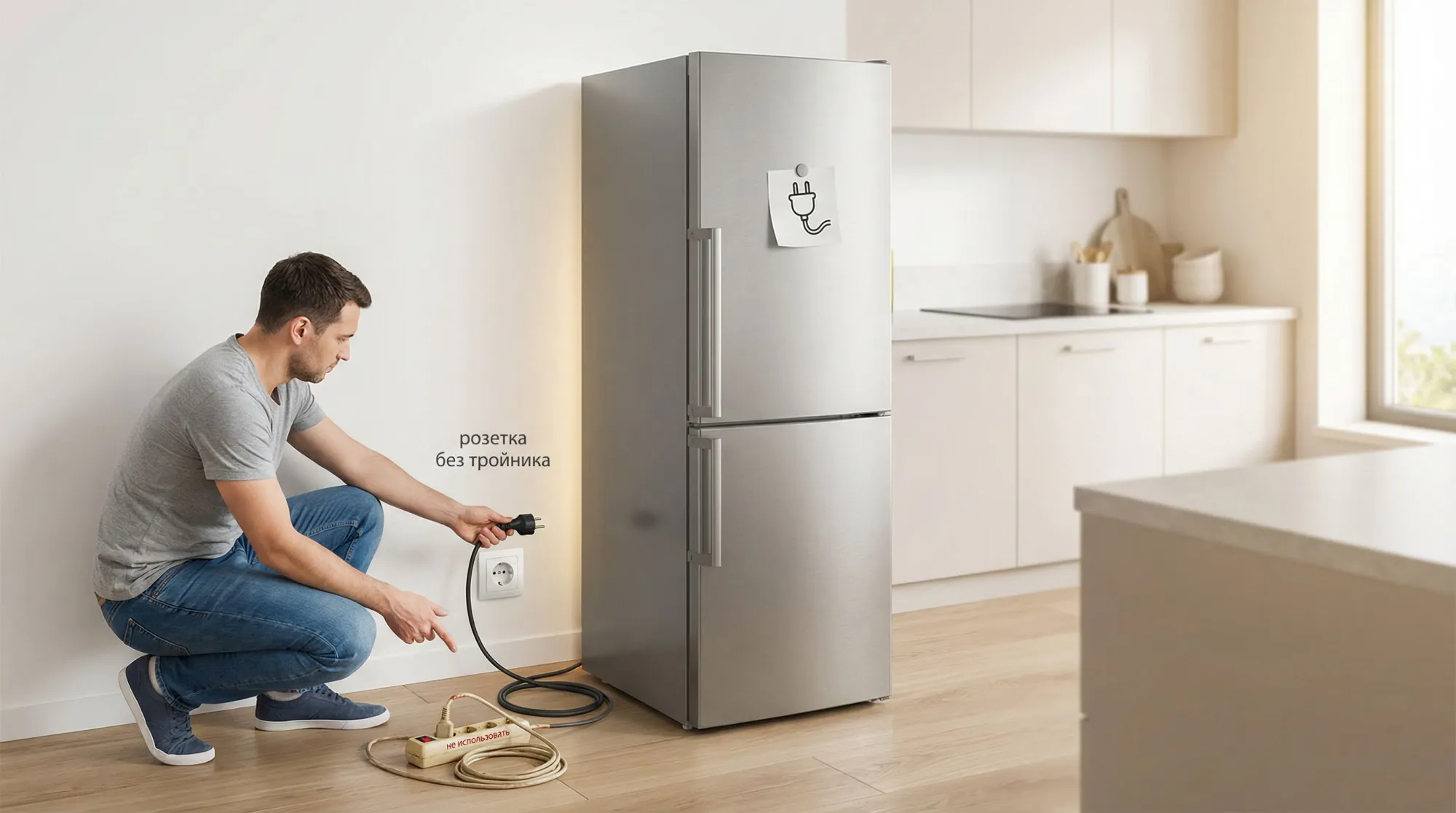 Современная светлая кухня, в центре — высокий холодильник, немного отодвинутый от стены, с видимым зазором сзади. На переднем плане человек в повседневной одежде присел рядом с