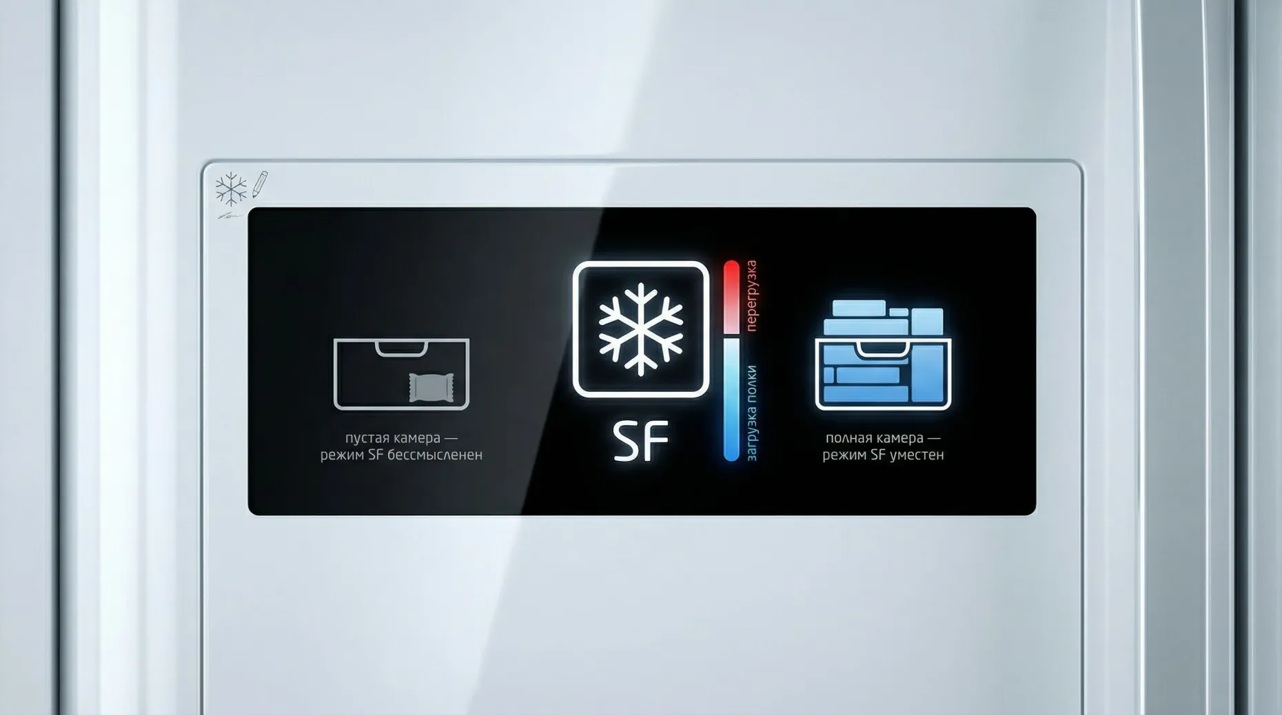 Крупный план двери морозильной камеры современного холодильника. На гладкой белой панели — небольшой прямоугольный дисплей. В центре дисплея крупный значок: снежинка внутри чёткой