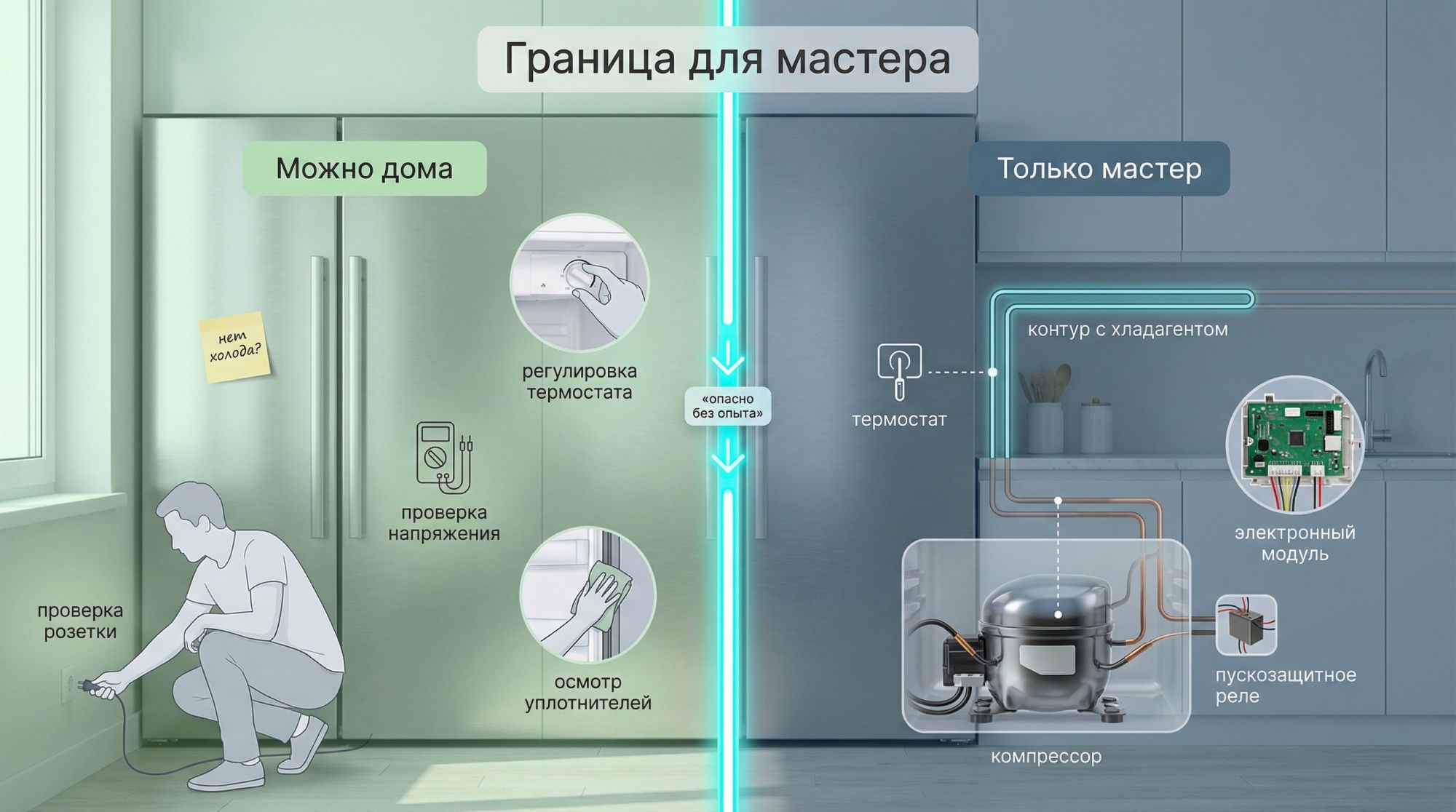 Инфографика в виде вертикальной «линии границы» посередине кадра: слева зона «Можно дома», справа зона «Только мастер». На верхней части изображения крупный заголовок по центру