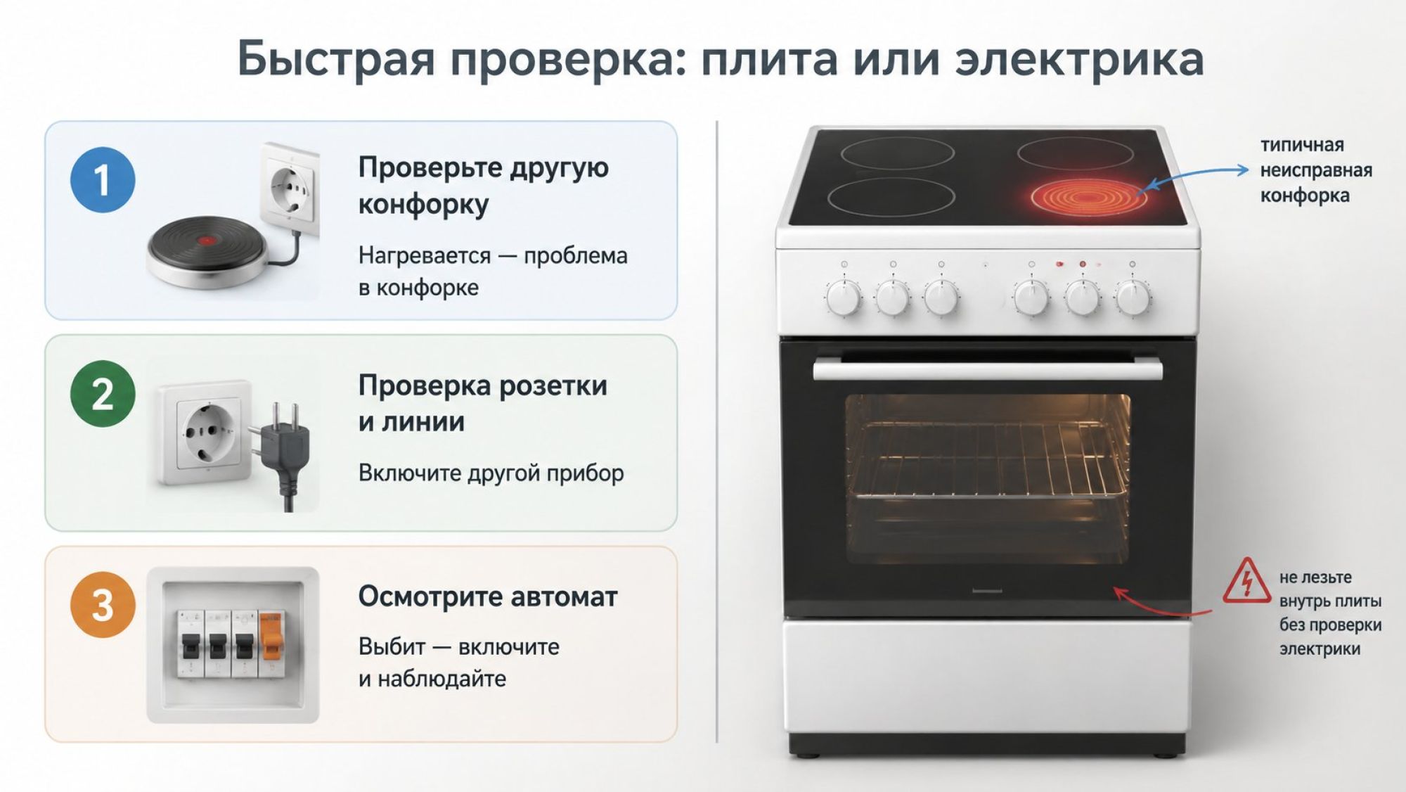 Инфографика в виде вертикального чек-листа «Это точно конфорка?» с пиктограммами и короткими фразами, каждая строка — отдельный визуальный блок с иконкой и текстом. Заголовок