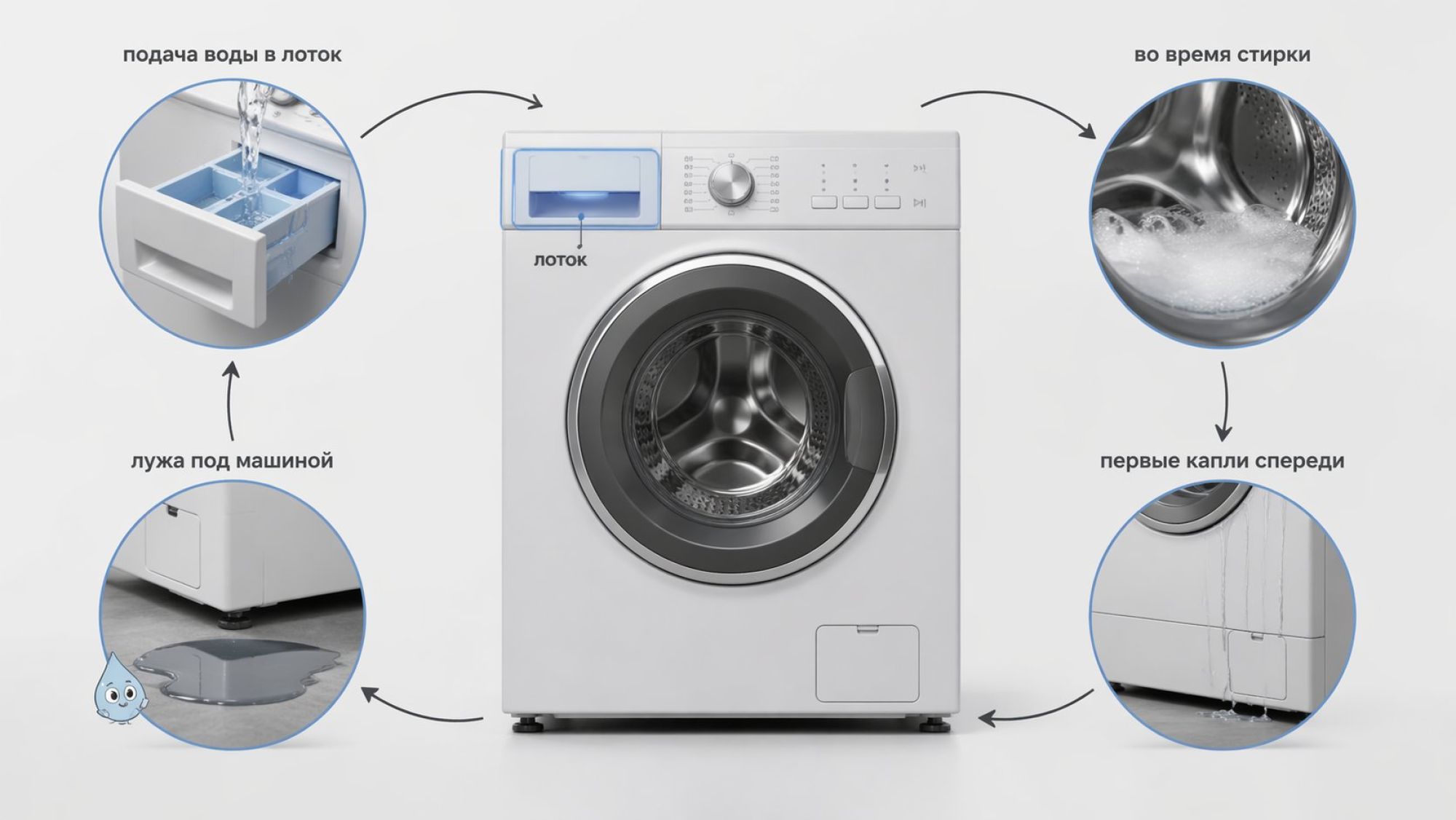Условная инфографика в виде силуэта стиральной машины спереди на светлом фоне. Машина показана схематично, но узнаваемо: сверху — лоток для порошка с легким акцентом цветом, снизу