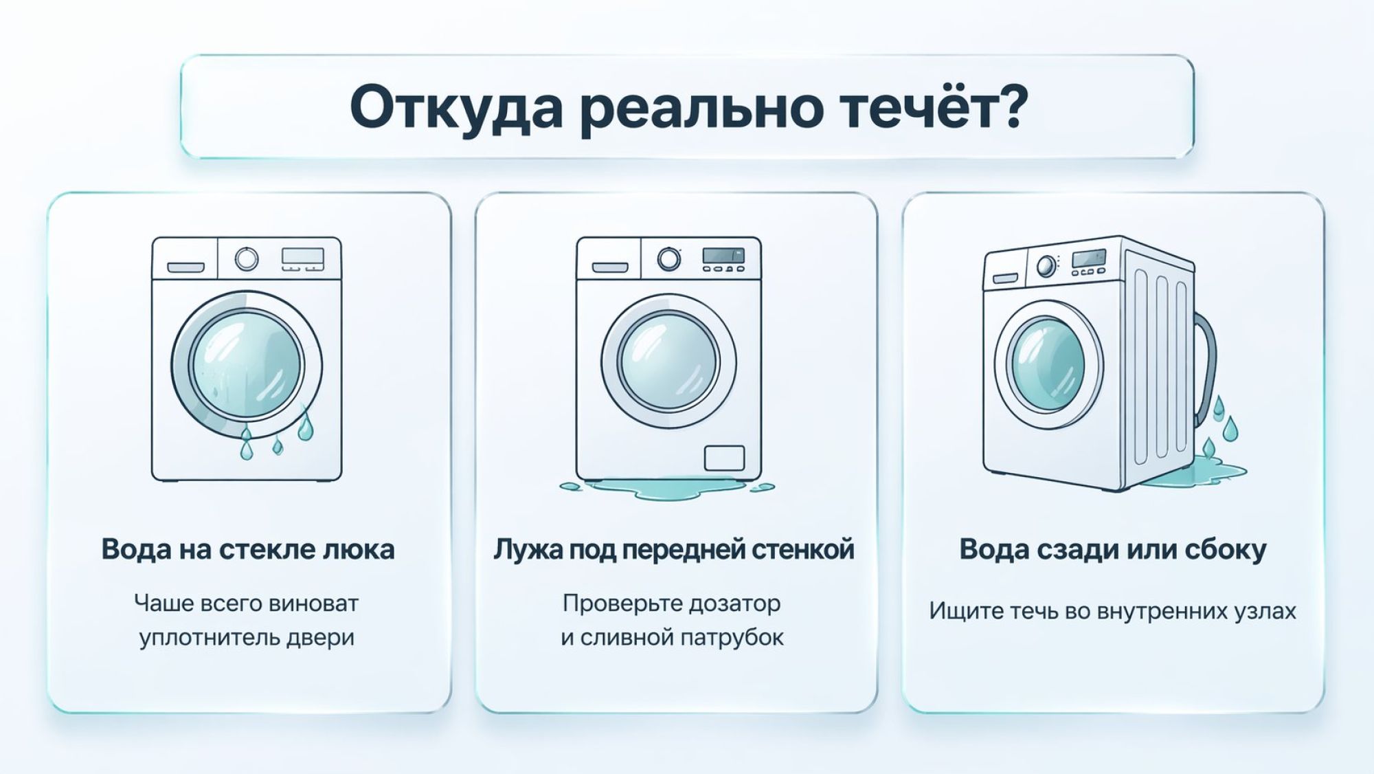 Горизонтальная инфографика «Где видна вода → что подозревать». Вверху по центру заголовок: «Откуда реально течёт?» Под ним три вертикальные карточки с пиктограммами стиральной