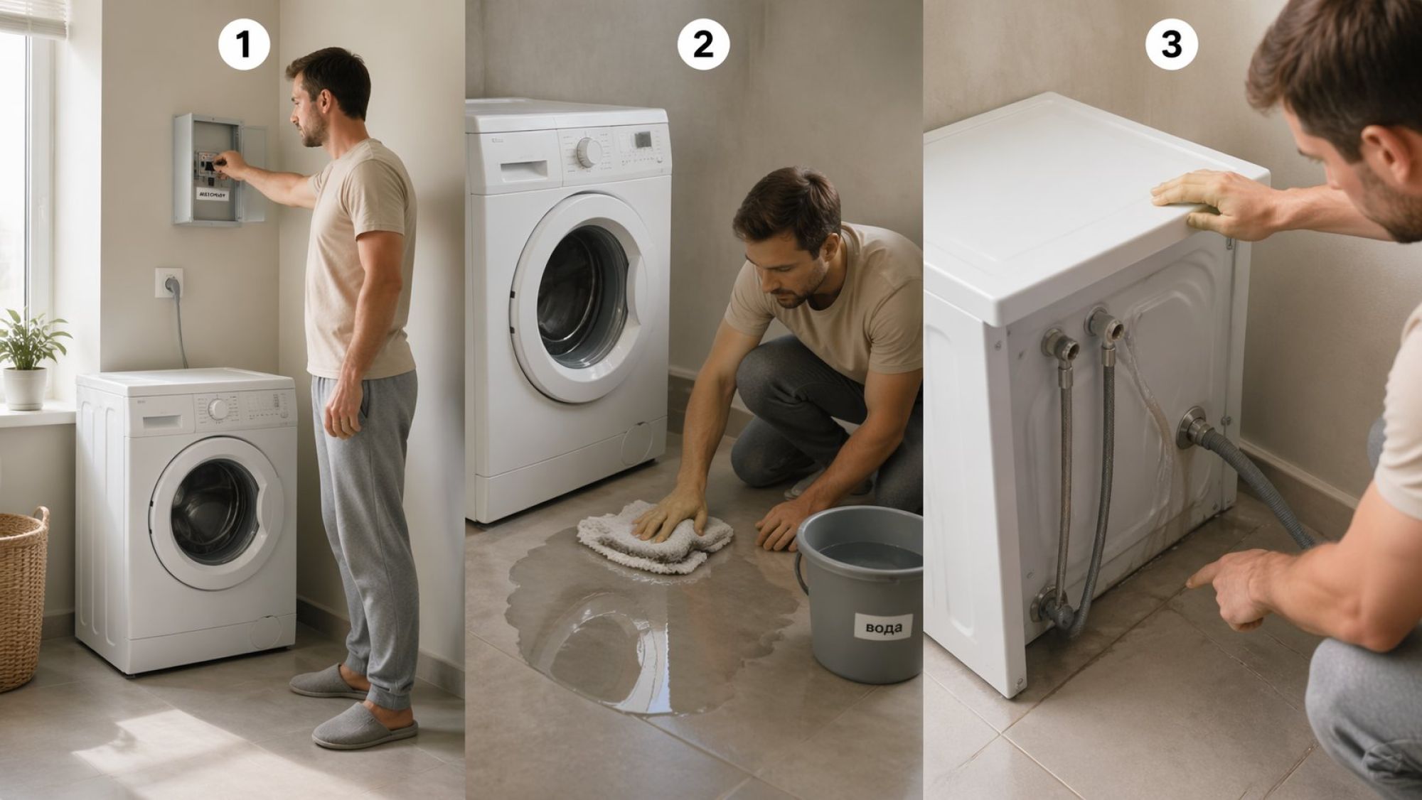 Горизонтальный кадр, разбитый на три последовательные мини‑сцены без явных рамок, но с мягким разделением фоном и маленькими цифрами 1, 2, 3 в кружках сверху. Сцена 1 (слева)