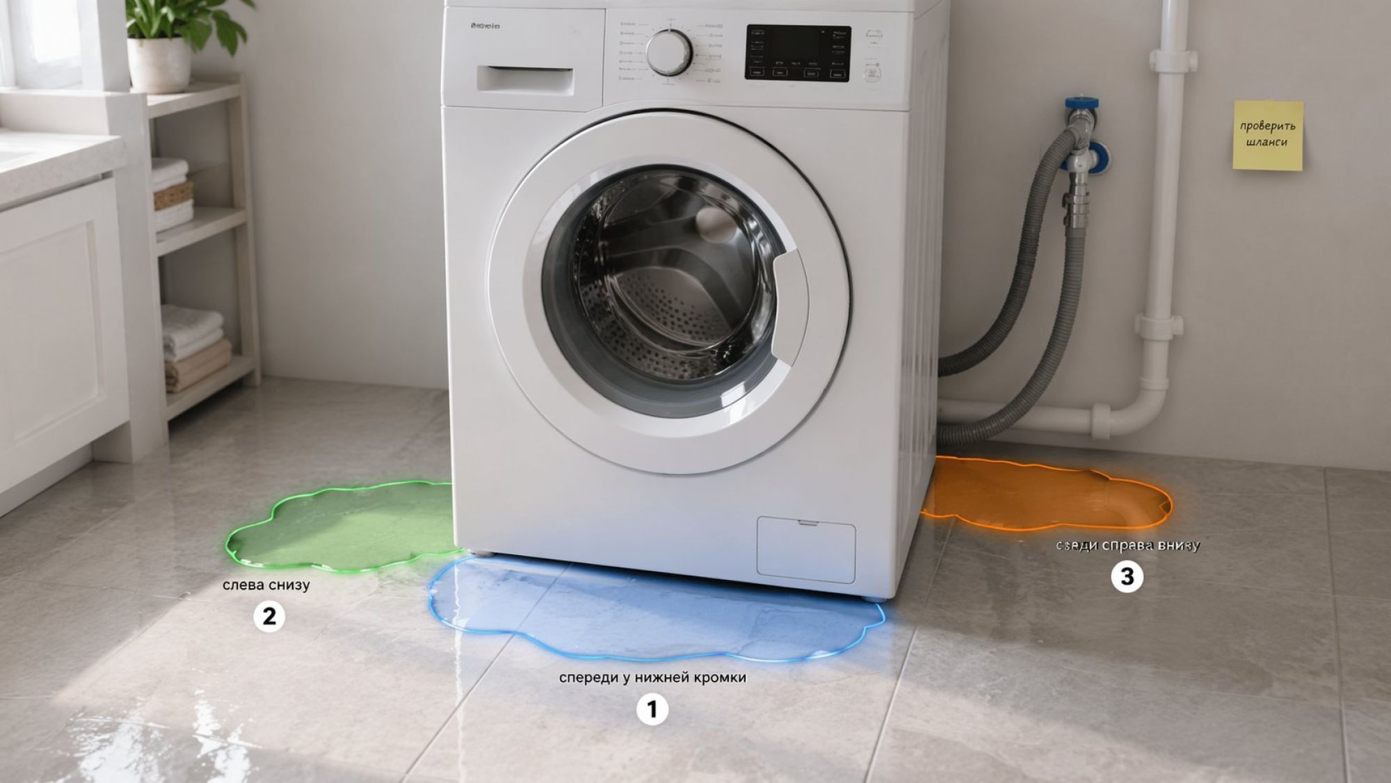 Аккуратная современная стиральная машина спереди, вид немного сверху, чтобы хорошо была видна зона пола вокруг. Машина стоит возле стены, справа позади машины схематично показаны