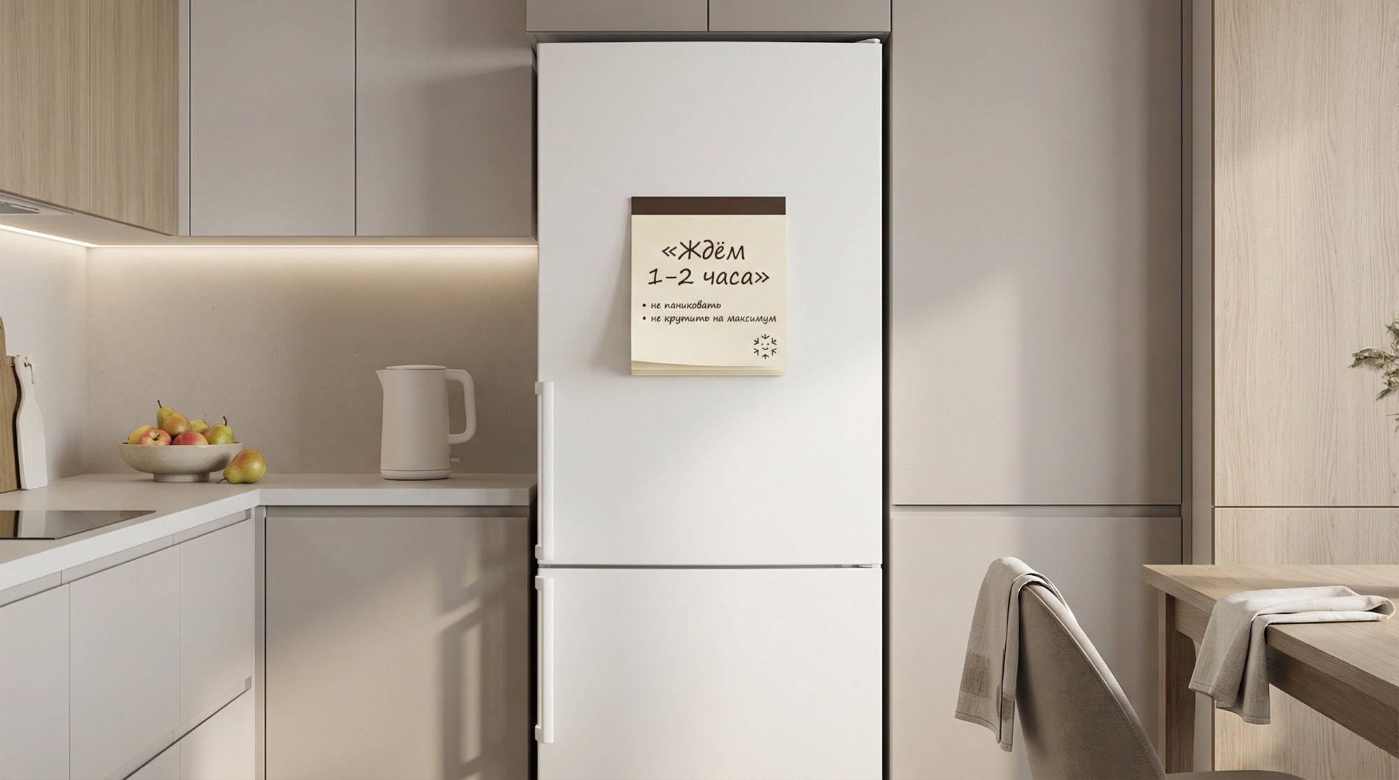 Современная кухня в спокойных тонах, в центре — отдельно стоящий холодильник без брендов. Дверца закрыта, на ней прикреплен небольшой магнитный стикер-блокнот. На верхнем стикере