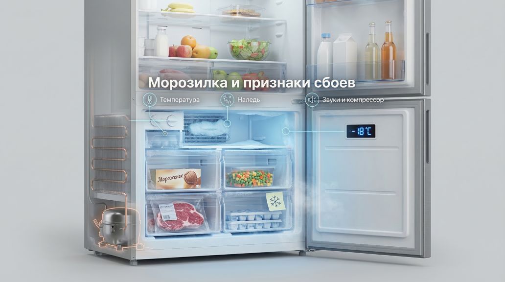 Современный двухкамерный холодильник в разрезе, вид сбоку, на нейтральном фоне. Основной акцент на морозилке внизу: она показана крупнее и подсвечена холодным голубым оттенком