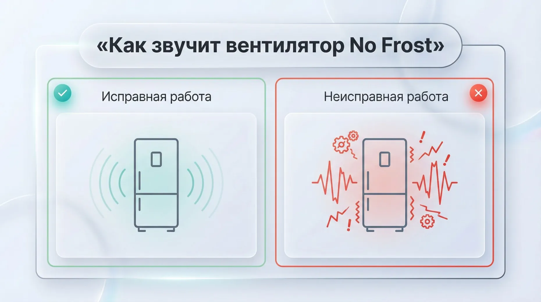 Горизонтальное разделение кадра на две половины с общим заголовком сверху: «Как звучит вентилятор No Frost». Сверху по центру крупная надпись. Левая половина с зелёной тонкой
