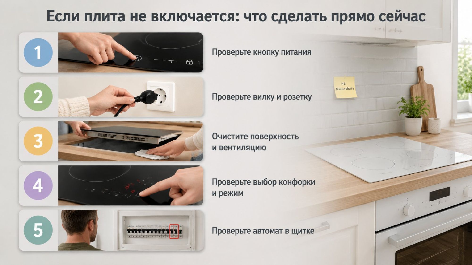 Вертикальная пошаговая сцена «Сделать прямо сейчас» в современном минималистичном стиле, светлая кухня с индукционной панелью. Слева крупные пронумерованные блоки 1–5, каждый с
