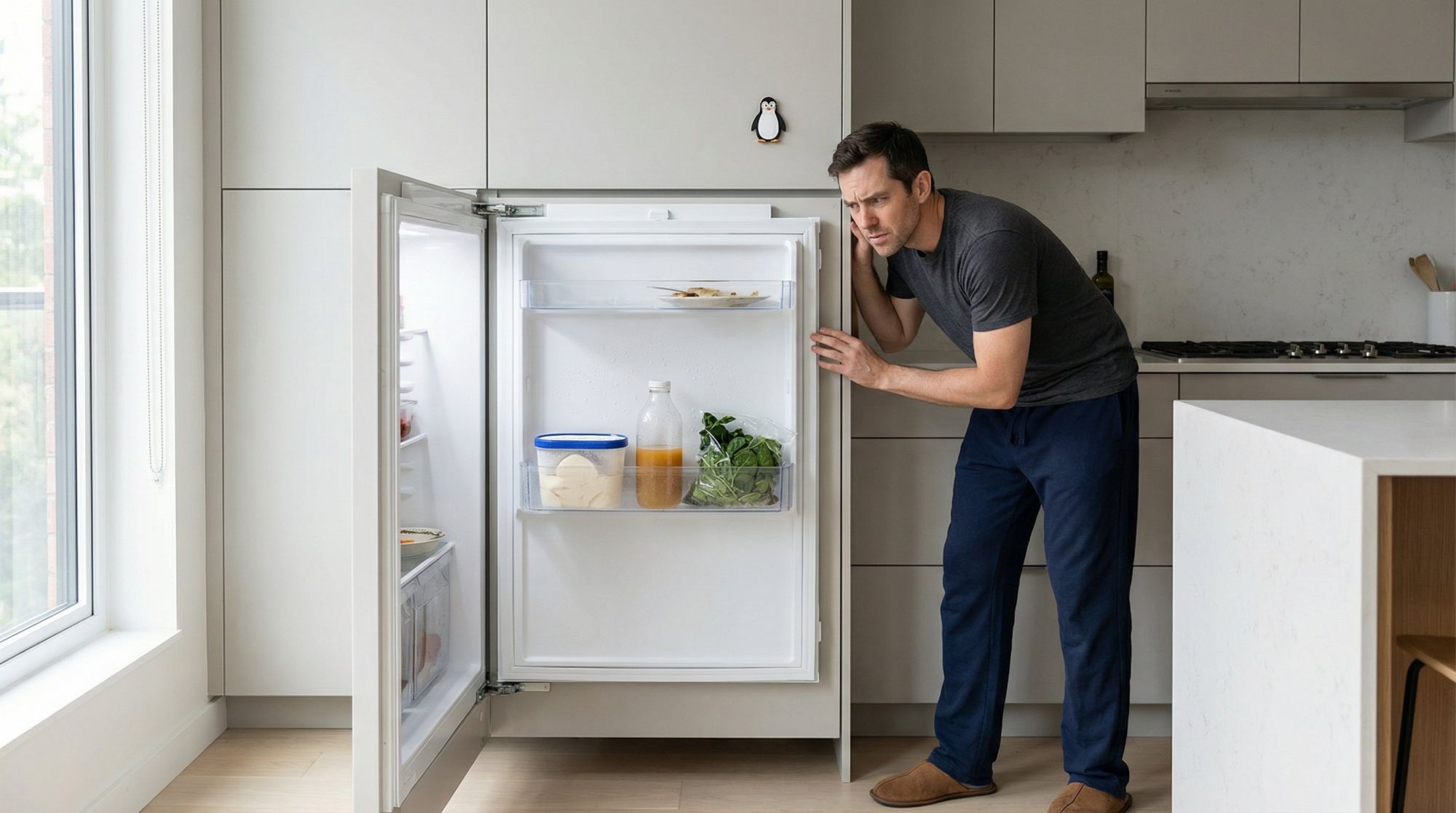 Современная кухня с открытой дверцей холодильника на переднем плане, стилизованная, без лишних деталей. Внутри холодильника горит лампочка, но полки почти пустые, продукты