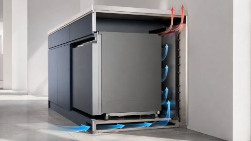 Чистая плоская 3D/flat UI иллюстрация в стиле Iceberg: боковой разрез кухонного модуля со встроенным прибором без бренда. Видны цоколь снизу, корпус техники внутри шкафа