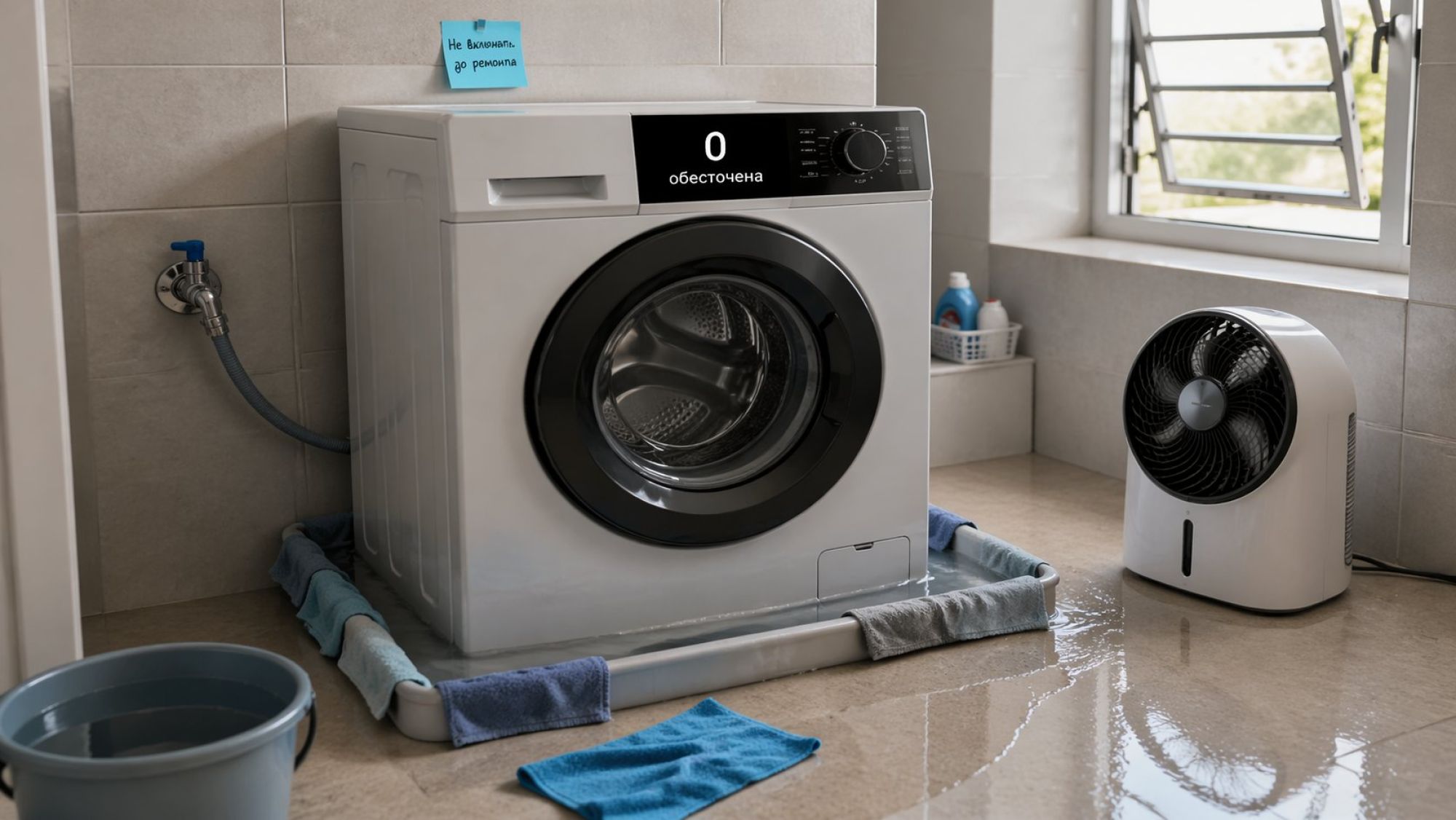 Современная стиральная машина в ванной или небольшой прачечной стоит немного отодвинутой от стены. Машина явно выключена: на передней панели крупная пиктограмма «0» и рядом