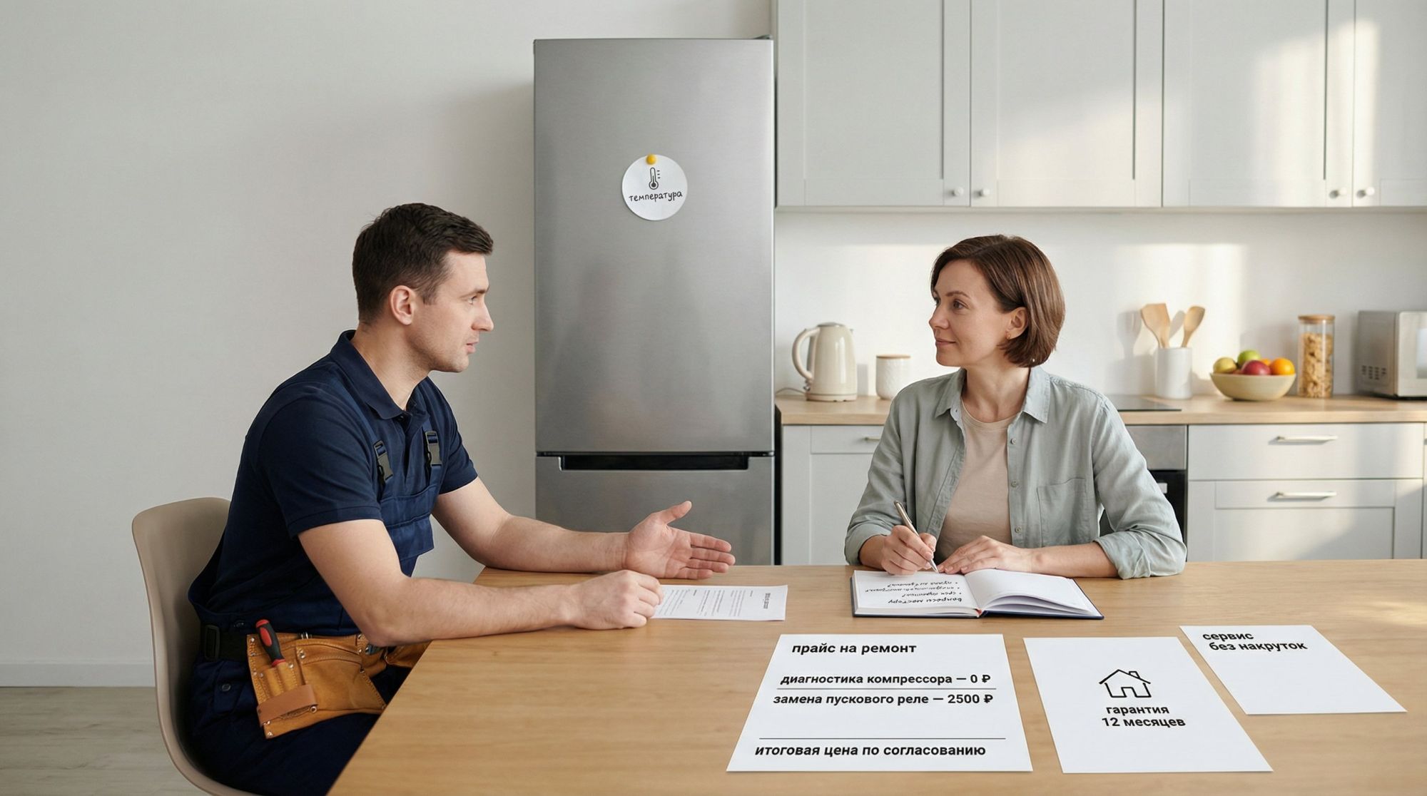 Современная аккуратная кухня в нейтральных тонах, в центре — стоящий у стены холодильник без бренда. На переднем плане за столом сидит спокойный взрослый человек с открытым