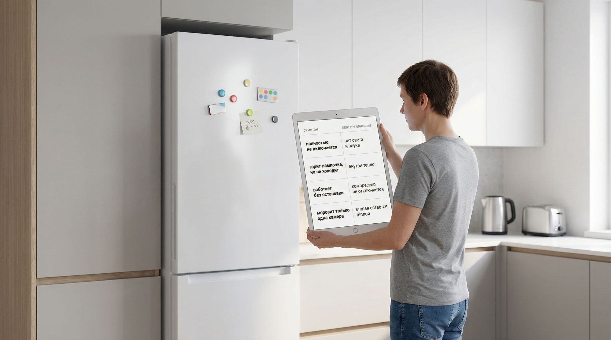 Современная, слегка изометрическая сцена кухни с двухкамерным холодильником крупным планом. Холодильник без брендов, на двери магнитики. Рядом с ним человек в нейтральной одежде