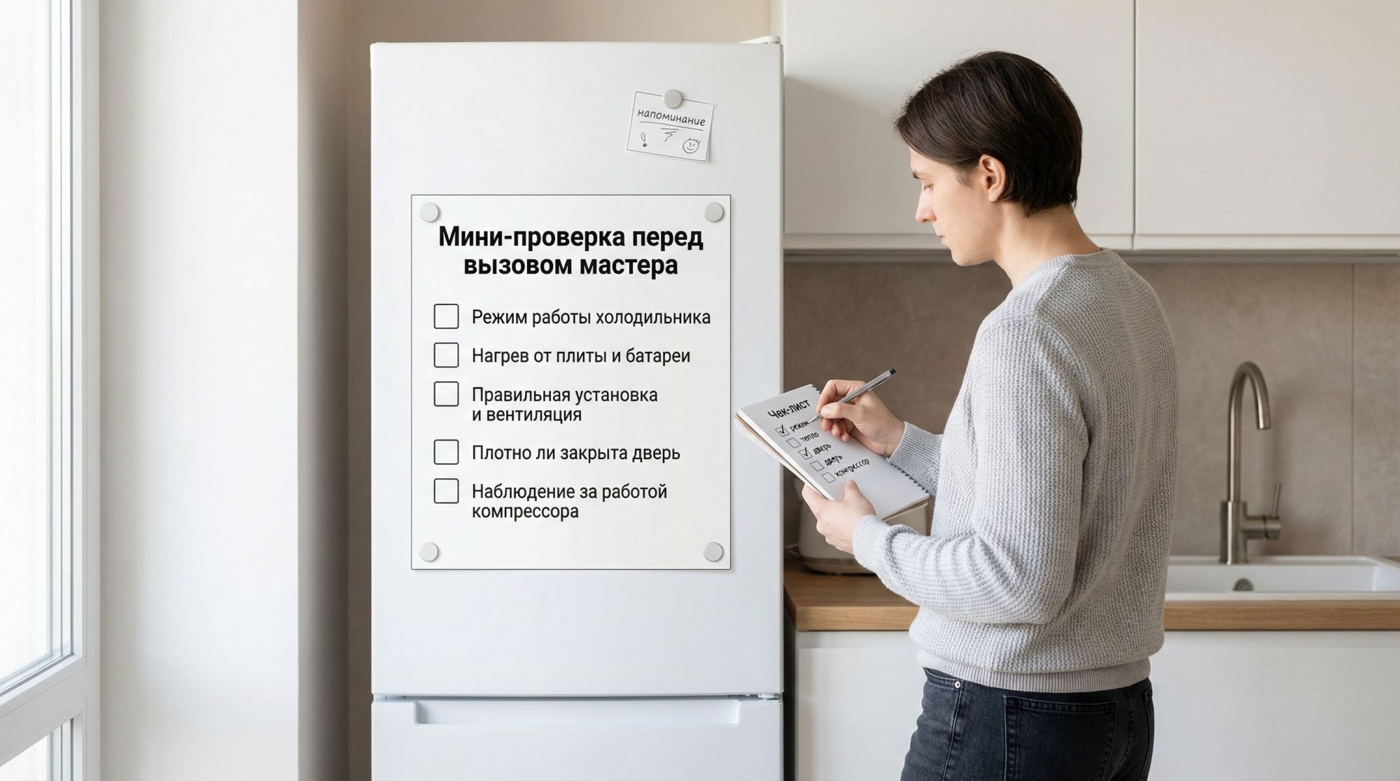 Горизонтальная иллюстрация‑сцена: на переднем плане современный холодильник в светлой кухне, рядом стоит человек с блокнотом в руках и отмечает чек‑лист. На двери холодильника