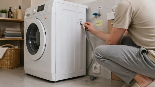 Небольшая кухня или совмещенный санузел в современном, но простом стиле, вид сбоку на стиральную машину. На переднем плане человек в домашней одежде (можно условный силуэт, без